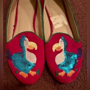 Rara Avis women’s sz 9.5 Fushia, suede w/sequin bird.